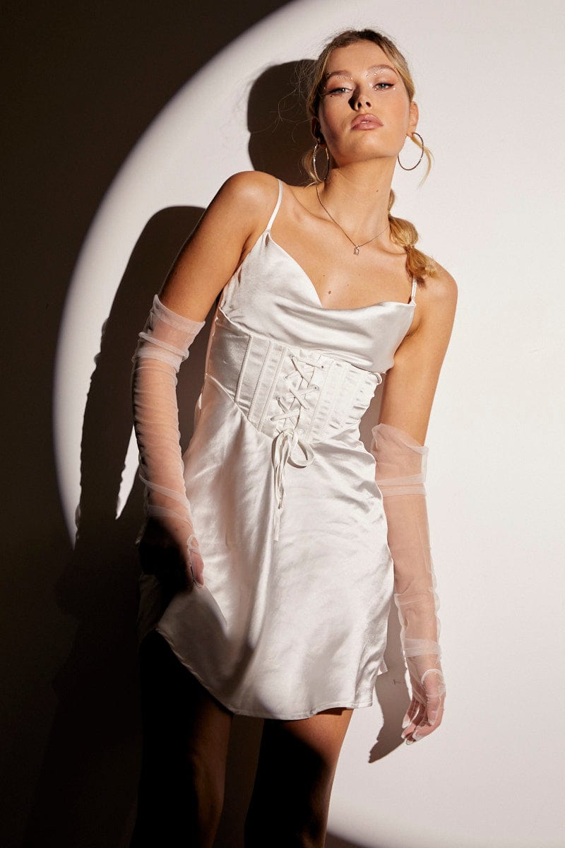 BODYCON DRESS White Mini Dress Sleeveless Cowl Neck Corset Waist Satin for Women by Ally