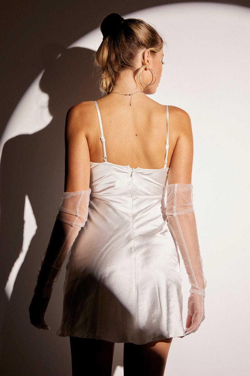 BODYCON DRESS White Mini Dress Sleeveless Cowl Neck Corset Waist Satin for Women by Ally