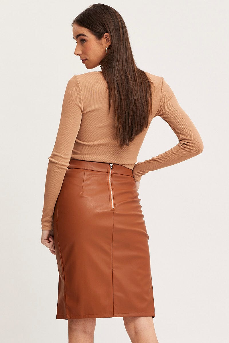 BODYCON SKIRT Camel High Rise Skirt Front Split Faux Leather for Women by Ally