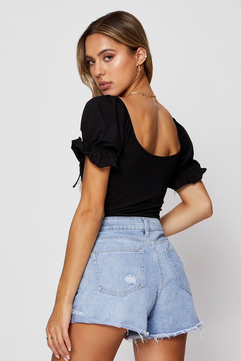 BODYSUIT Black Bodysuit Top Short Sleeve for Women by Ally