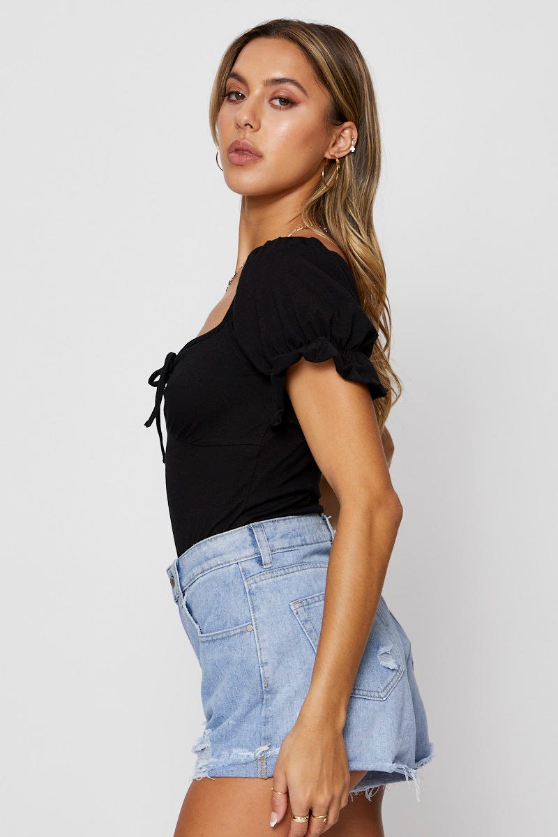 BODYSUIT Black Bodysuit Top Short Sleeve for Women by Ally