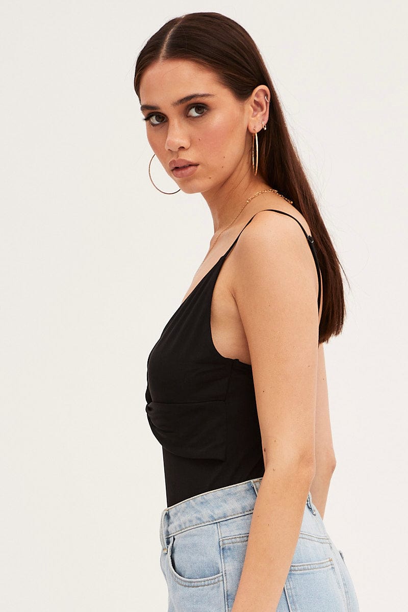 Black Cami Bodysuit Twist Front | Ally Fashion