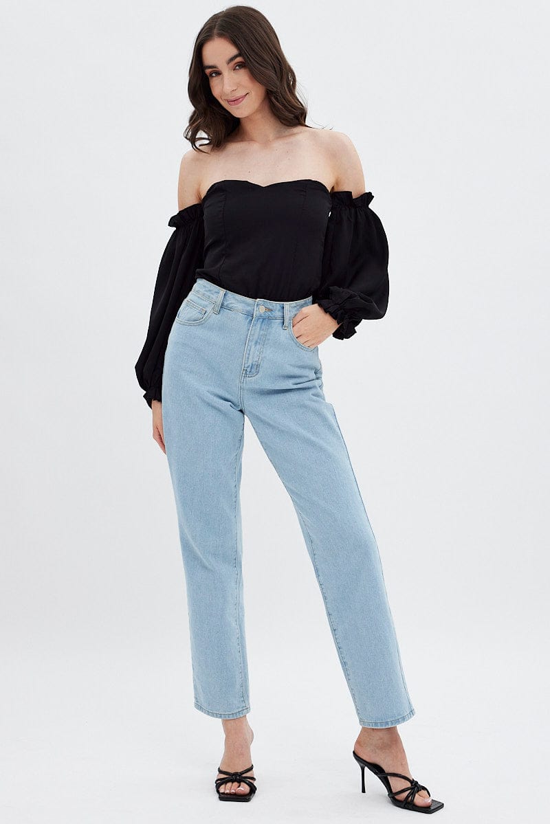 Black Off Shoulder Balloon Sleeve Bodysuit for Ally Fashion