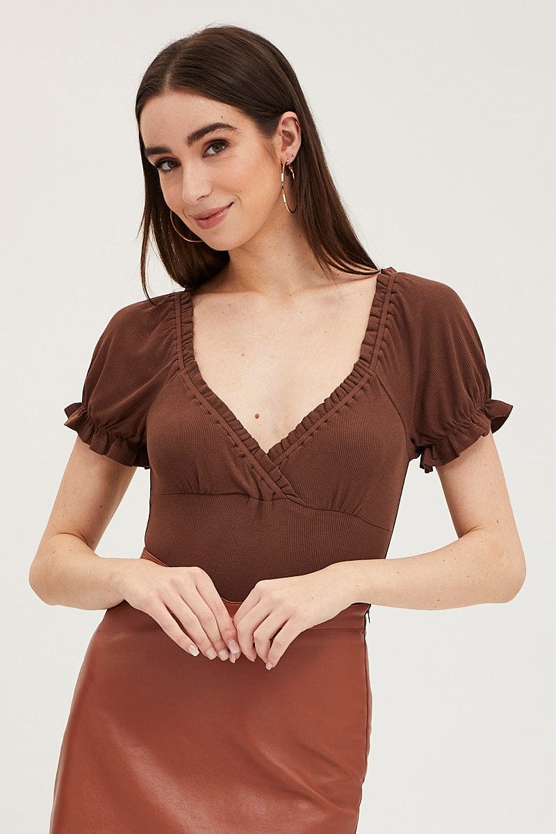 Brown Bodysuit Short-Sleeve from Ally Fashion