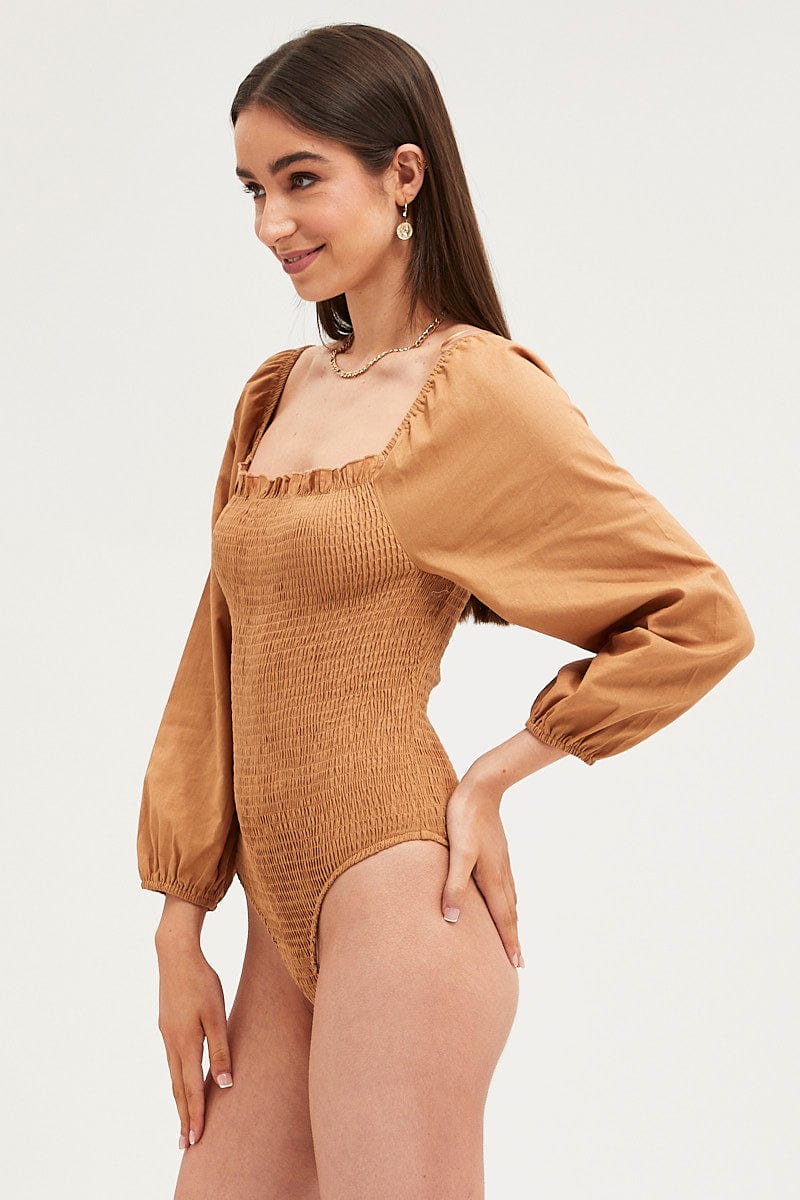 BODYSUIT Brown Bodysuit Top Long Sleeve for Women by Ally