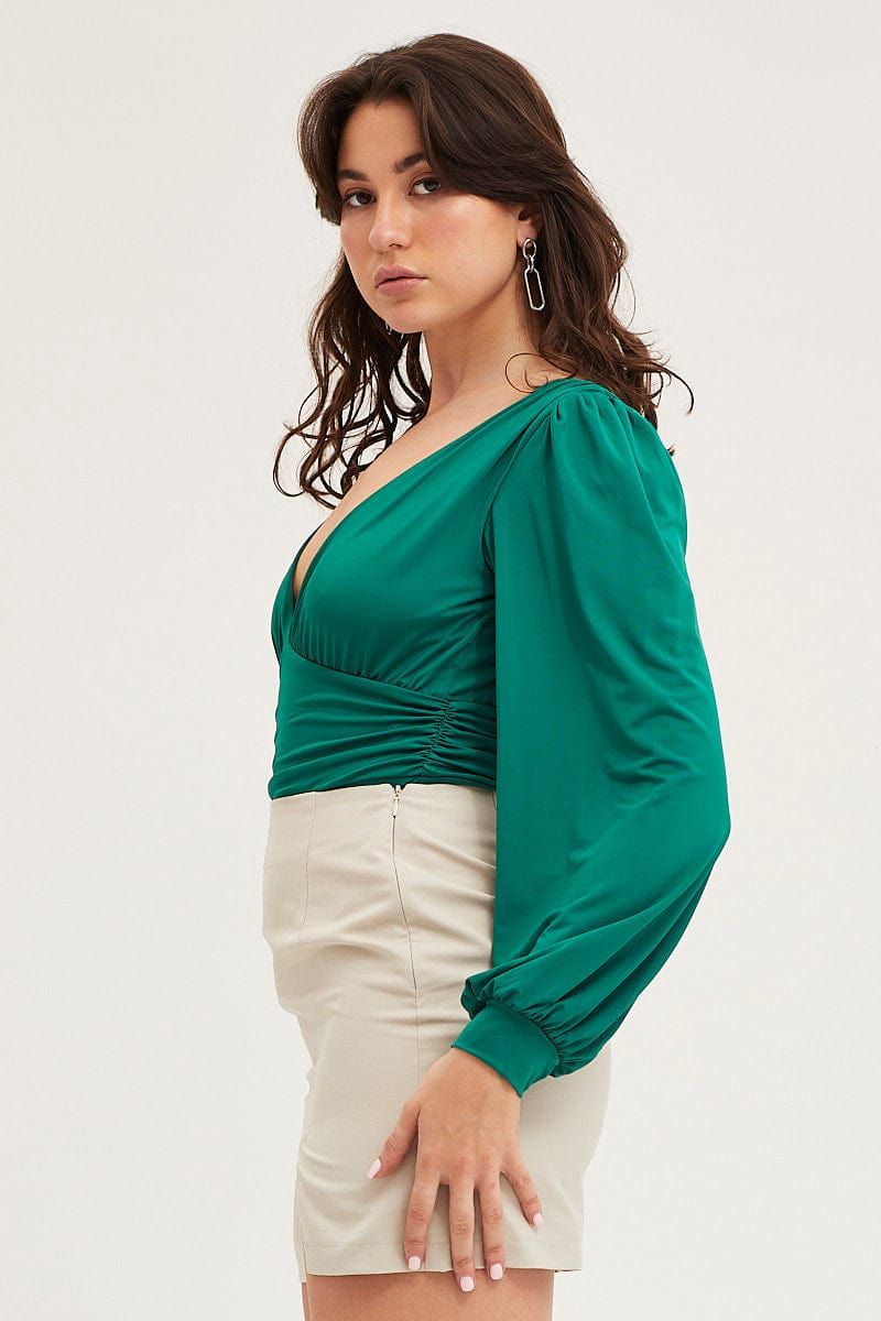 BODYSUIT Green Bodysuit Puff Sleeve for Women by Ally