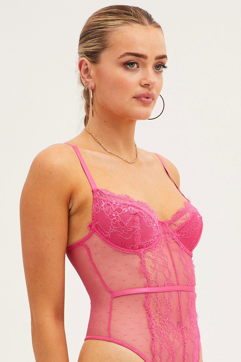 Pink Bodysuit Sleeveless Sweetheart Lace Jersey