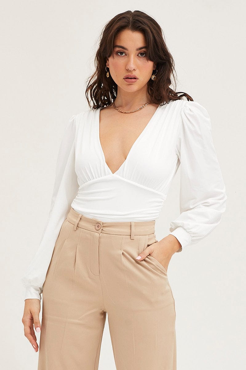 White Bodysuit Puff-Sleeve from Ally Fashion