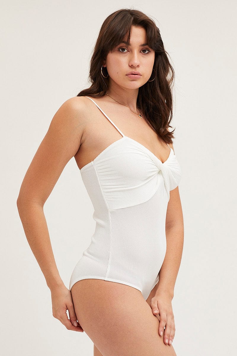 BODYSUIT White Ribbed Twist Front Bodysuit for Women by Ally