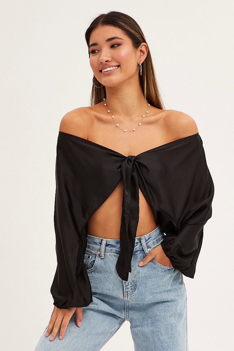 BOLERO Black Bolero 3/4 Sleeve Tie Front Crop Satin for Women by Ally