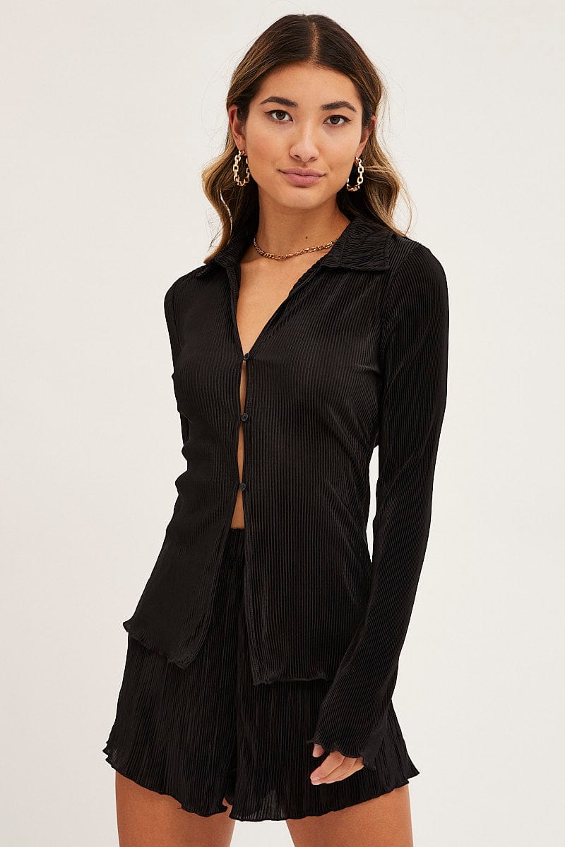 BOLERO Black Plisse Shirt Long Sleeve Button Front Satin for Women by Ally