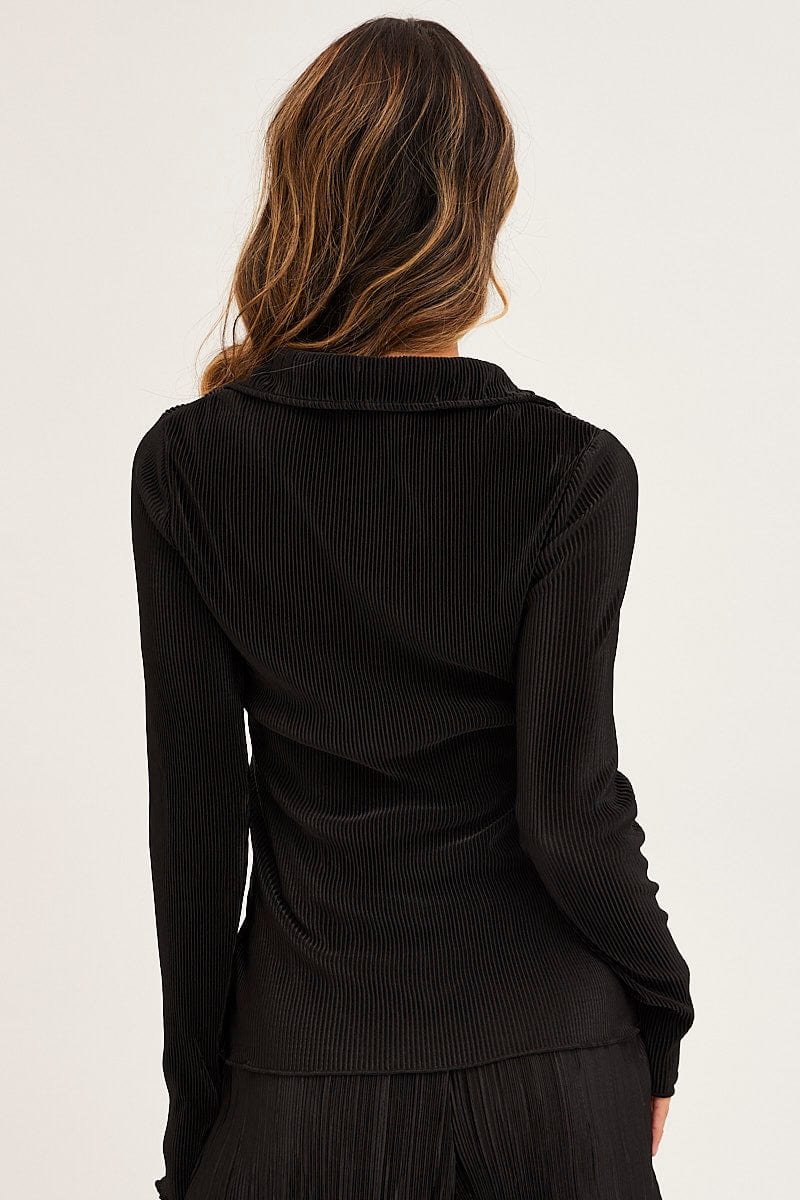 BOLERO Black Plisse Shirt Long Sleeve Button Front Satin for Women by Ally