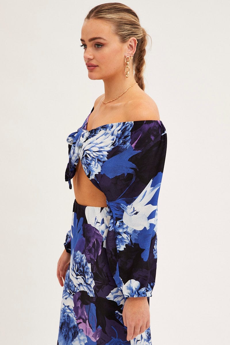 BOLERO Blue Floral Bolero 3/4 Sleeve Tie Front Crop Satin for Women by Ally