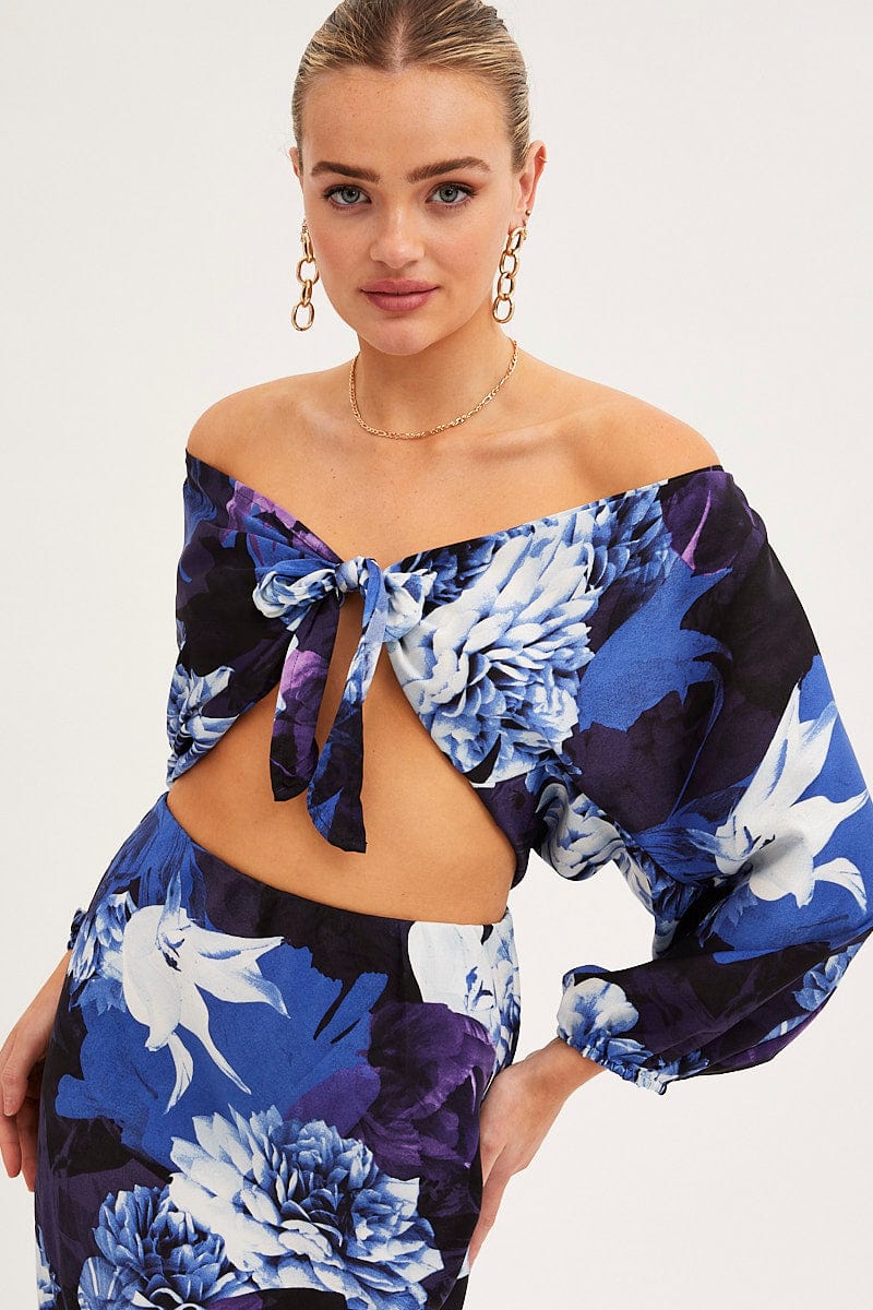 BOLERO Blue Floral Bolero 3/4 Sleeve Tie Front Crop Satin for Women by Ally