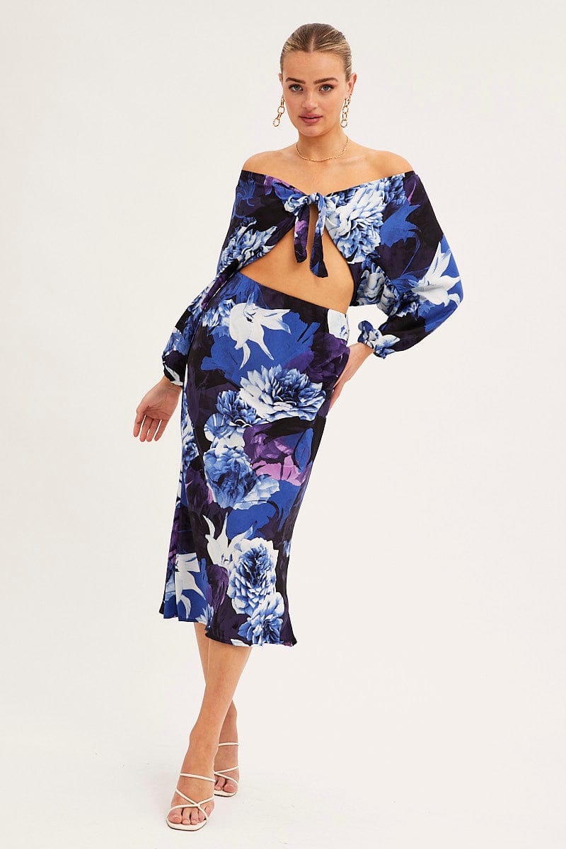 BOLERO Blue Floral Bolero 3/4 Sleeve Tie Front Crop Satin for Women by Ally