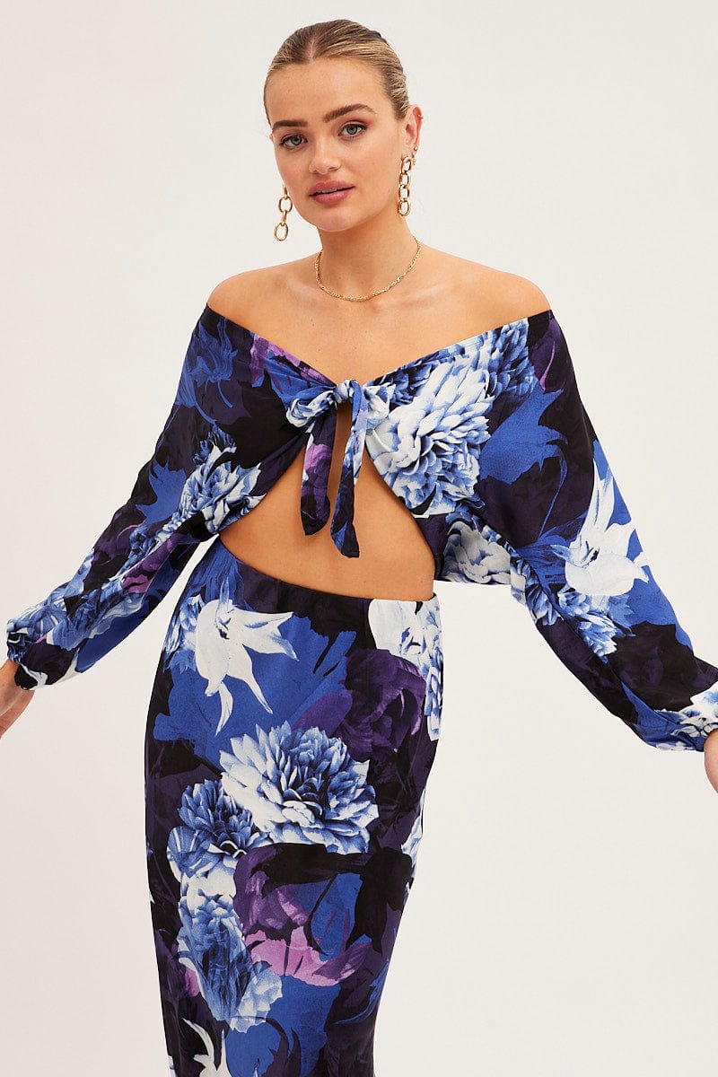 BOLERO Blue Floral Bolero 3/4 Sleeve Tie Front Crop Satin for Women by Ally