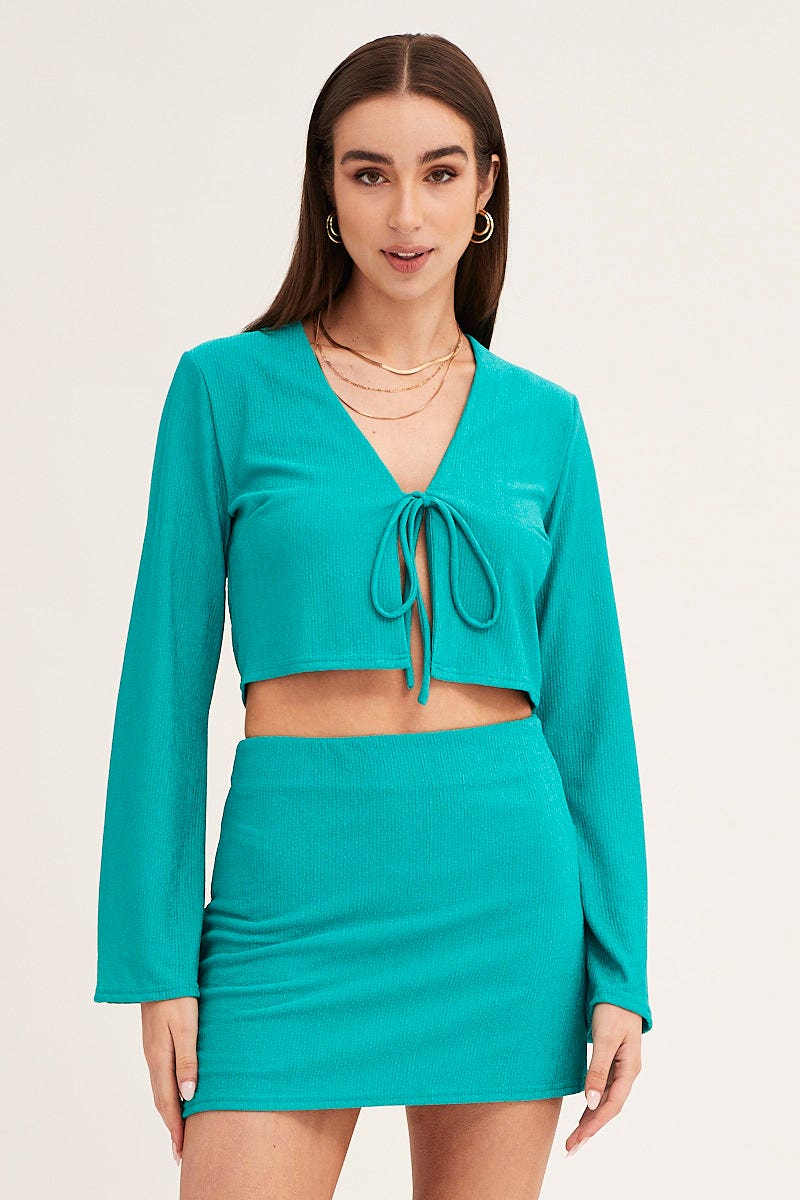 BOLERO Green Long Sleeve Tie Front Textured Tie Top for Women by Ally