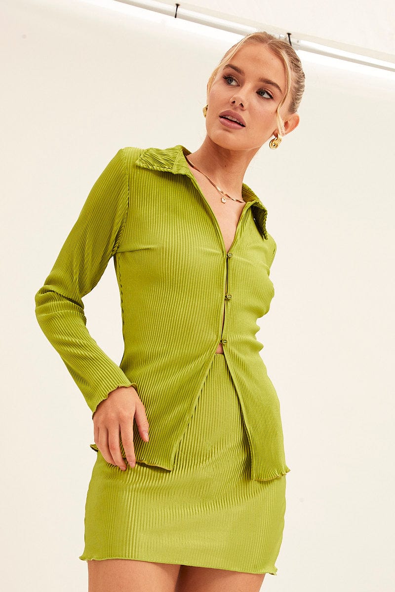 BOLERO Green Plisse Shirt Long Sleeve Button Front Satin for Women by Ally