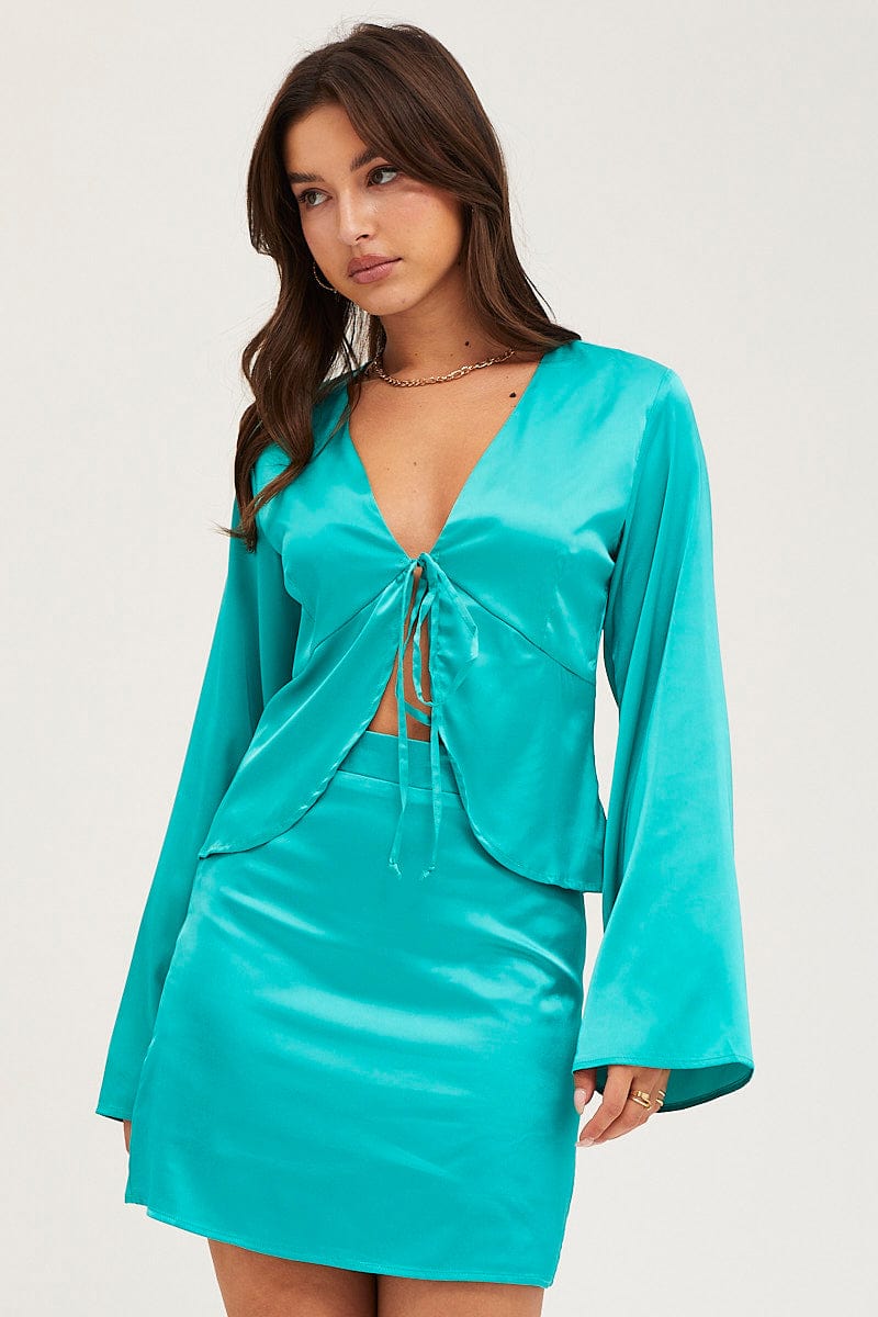 BOLERO Green Satin Jacket Long Sleeve for Women by Ally