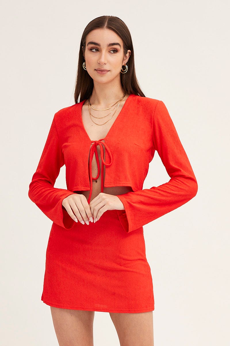 BOLERO Red Long Sleeve Tie Front Textured Tie Top for Women by Ally