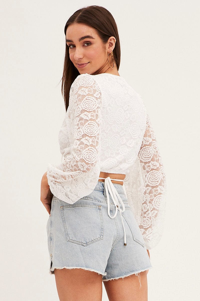 White Bolero Long Sleeve Tie Front V Neck Lace | Ally Fashion