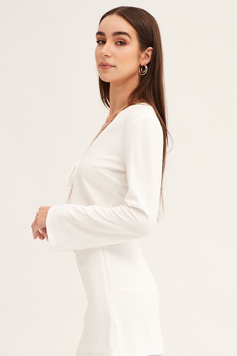 BOLERO White Long Sleeve Tie Front Textured Tie Top for Women by Ally