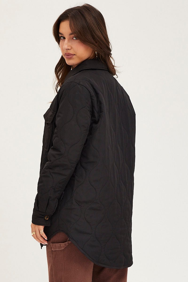 BOMBER JACKET Black Quilted Shacket Long Sleeve for Women by Ally