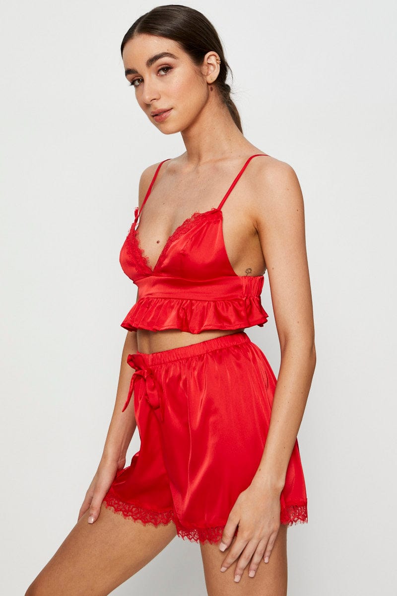 BRA AND BRALETTE Red Satin Pajamas Set Sleeveless for Women by Ally
