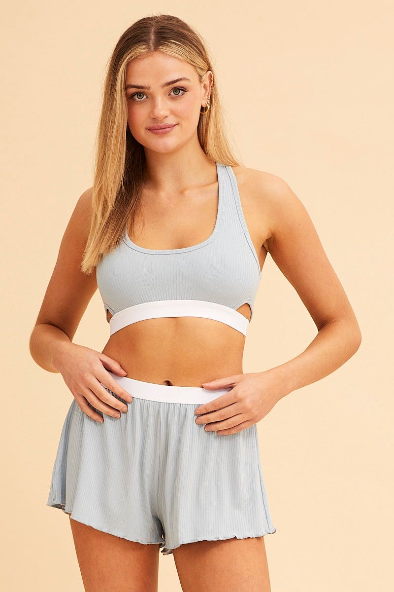 BRA CROP TOP Blue Mia Cotton Stretch Cross Back Crop Top for Women by Ally