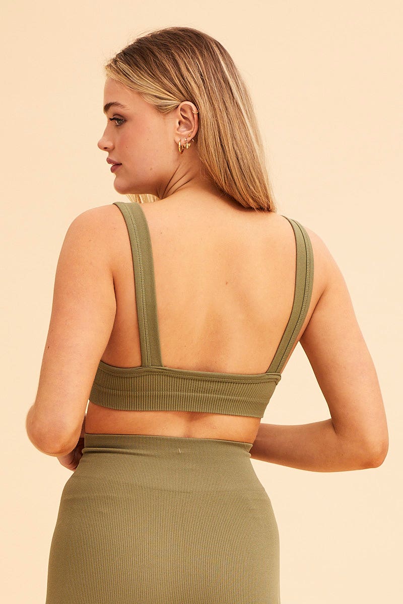 BRA/CROP TOP Green Nico Seamless Rib Straight Neck Crop Top for Women by Ally