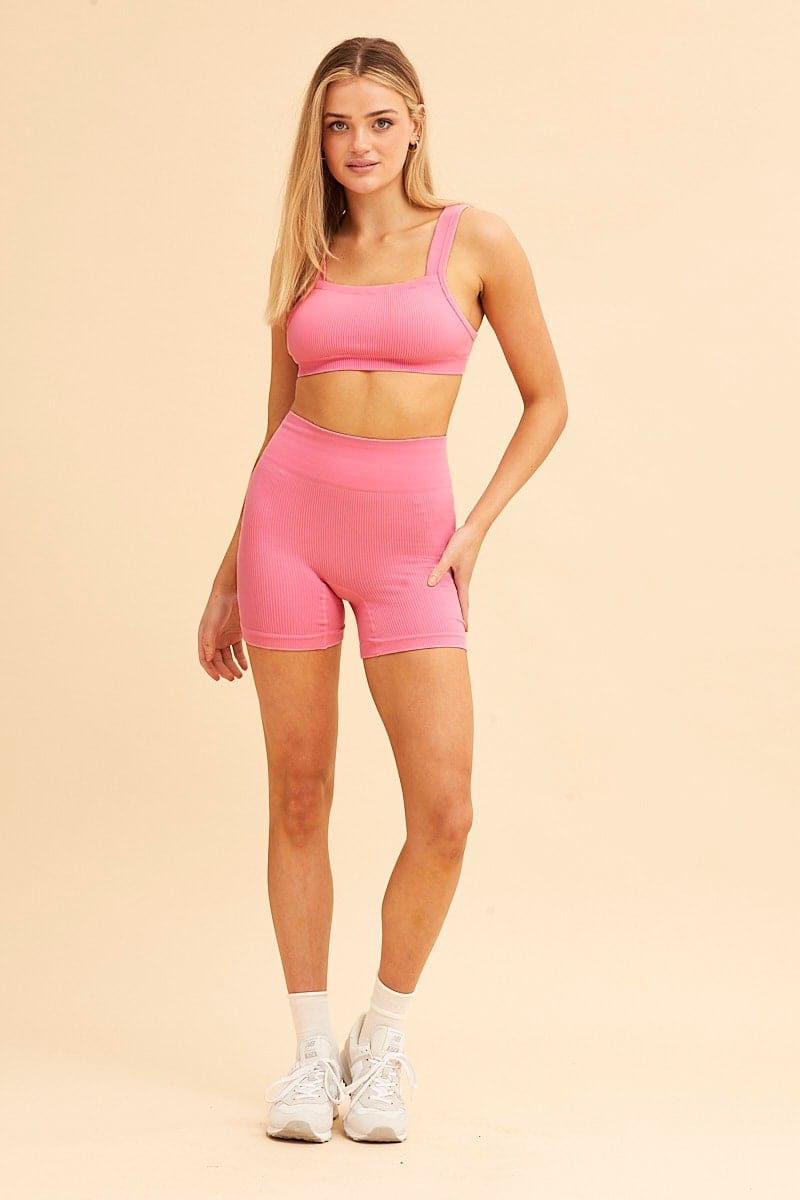 BRA/CROP TOP Pink Nico Seamless Rib Straight Neck Crop Top for Women by Ally