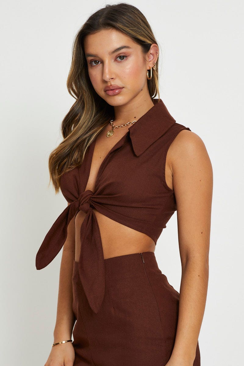 BRALET Brown Crop Top Sleeveless Tie Up for Women by Ally