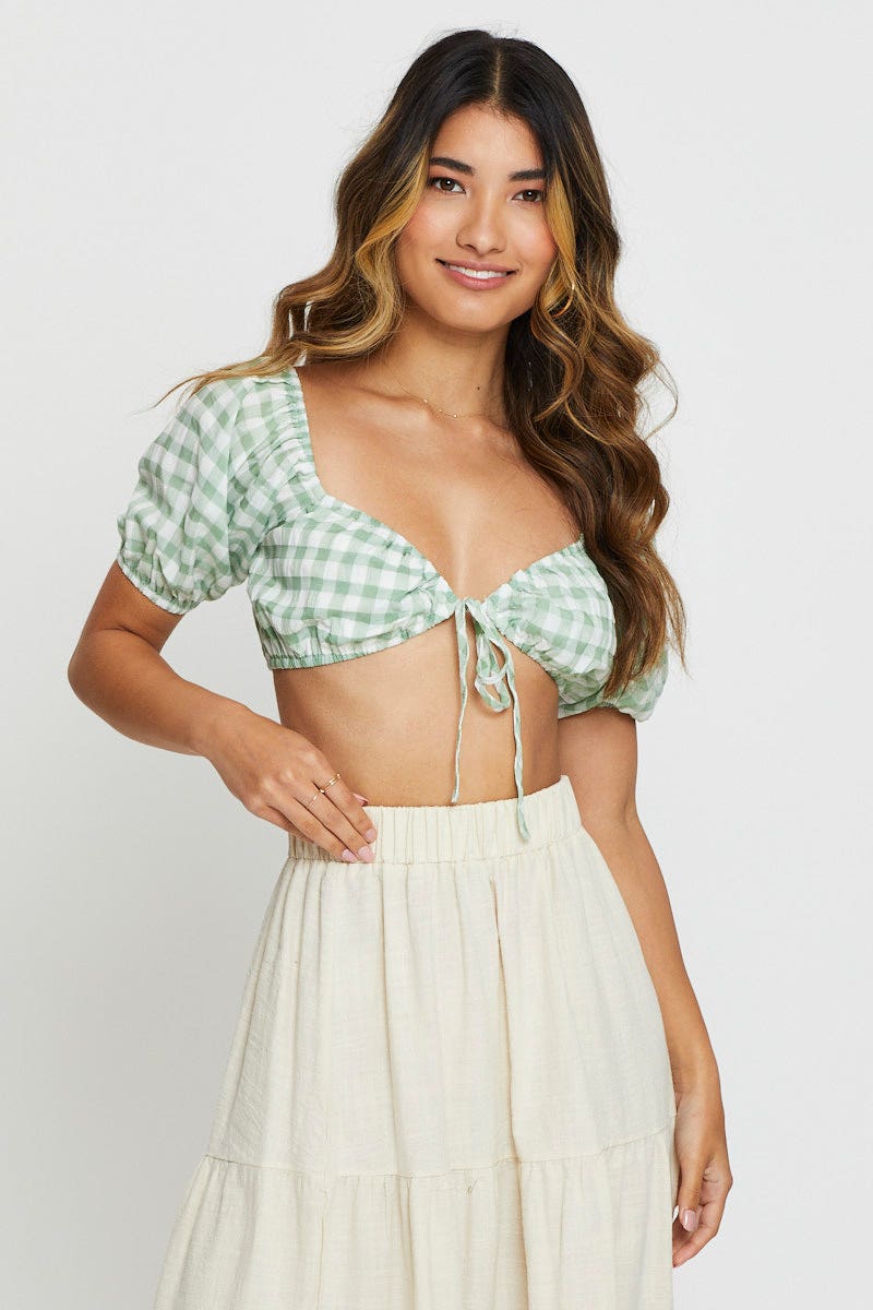 BRALET Check Crop Top Short Sleeve Tie Up for Women by Ally