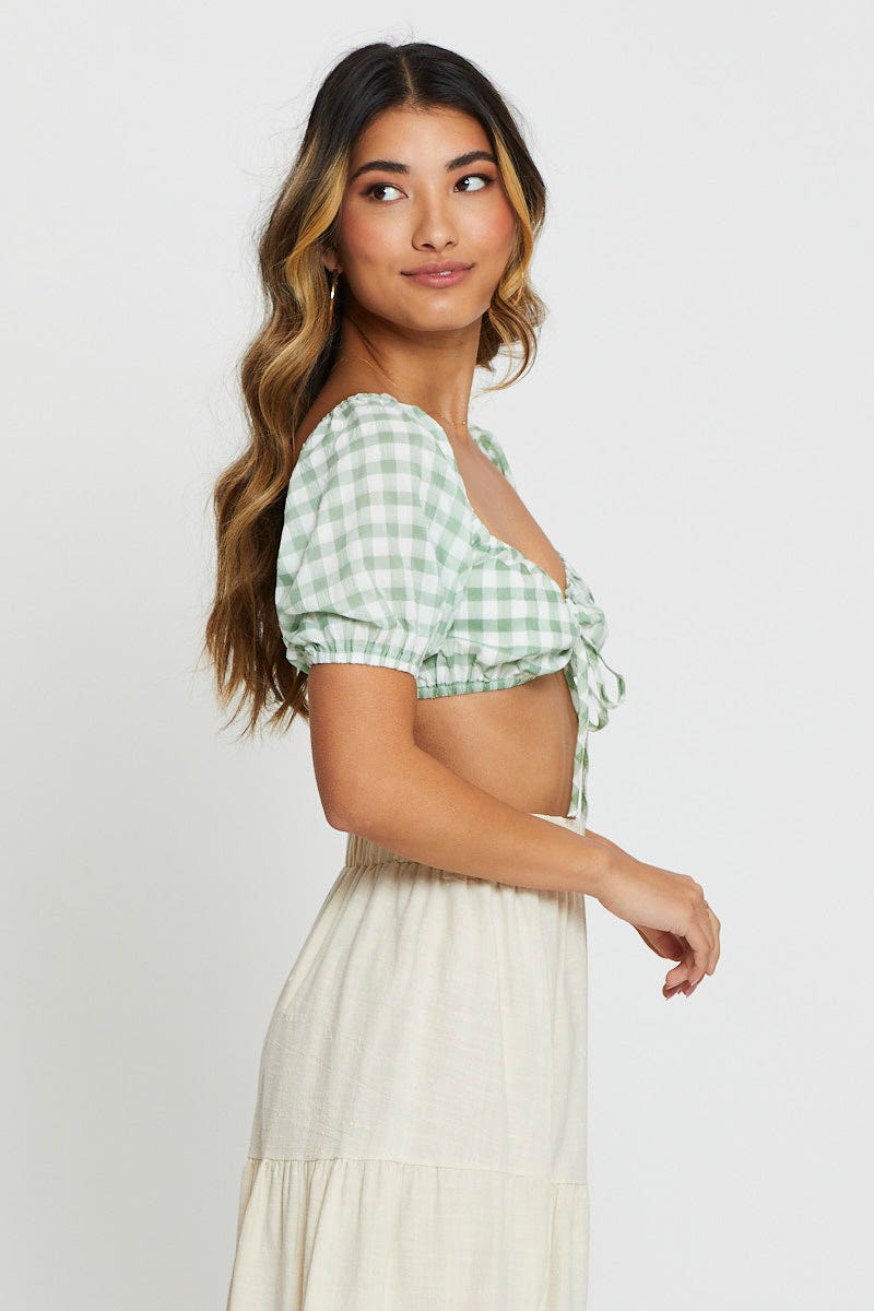 BRALET Check Crop Top Short Sleeve Tie Up for Women by Ally