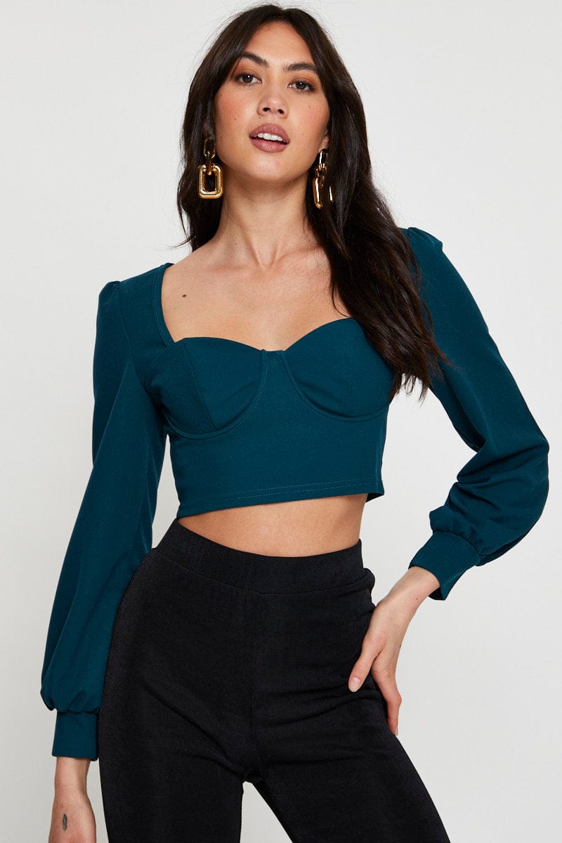 BRALET Green Crop Top Long Sleeve Sweetheart for Women by Ally