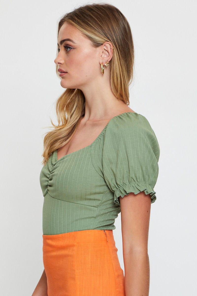 BRALET Green Ruched Bodysuit Puff Sleeve for Women by Ally