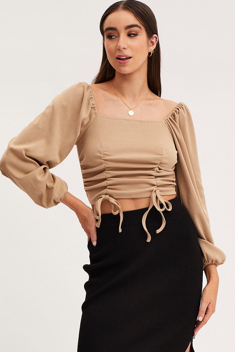 BRALET Nude Ruched Crop Top Long Sleeve for Women by Ally