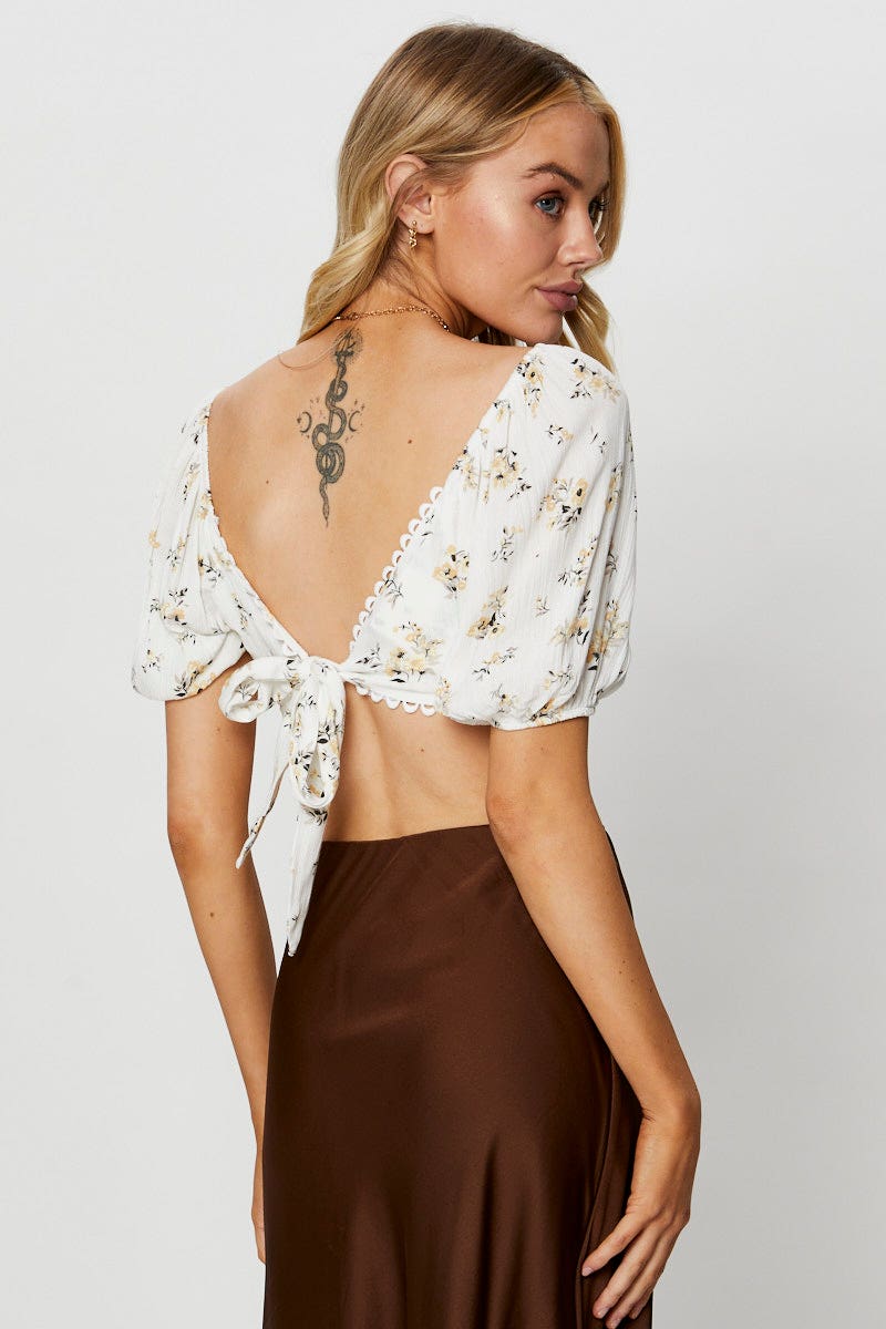 BRALET Print Crop Top Short Sleeve Tie Up for Women by Ally