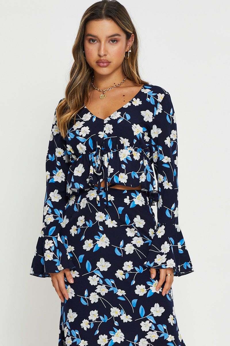 BRALET Print Peplum Top Long Sleeve Off Shoulder for Women by Ally