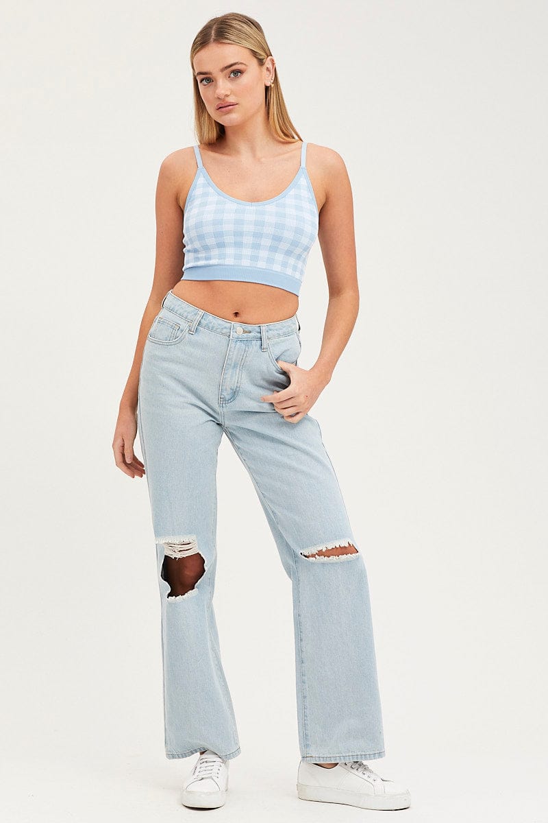 BRALETTE Blue Check Singlet Crop Top Seamless for Women by Ally