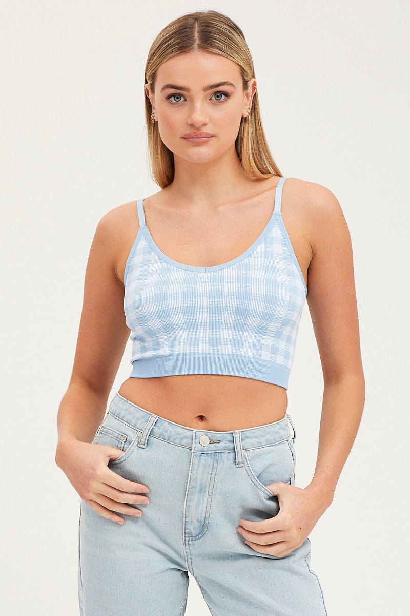 BRALETTE Blue Check Singlet Crop Top Seamless for Women by Ally