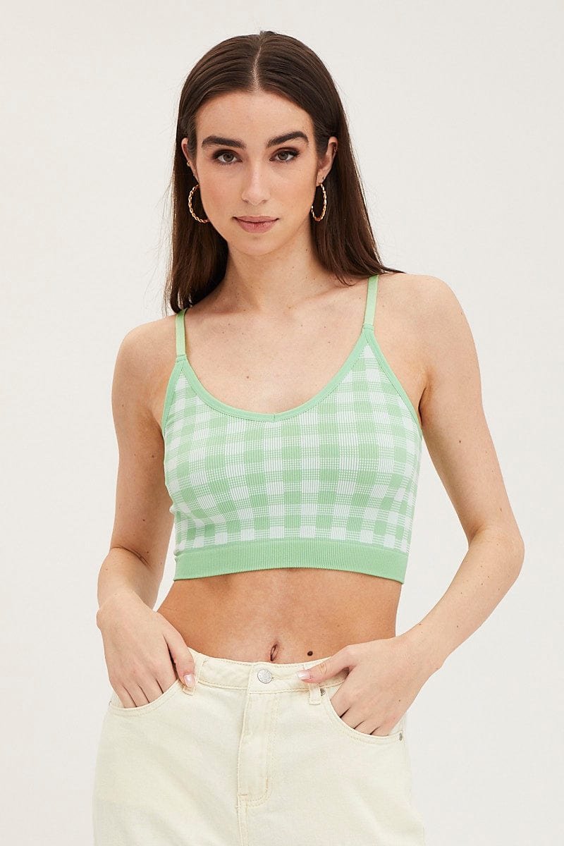 BRALETTE Green Check Singlet Crop Top Seamless for Women by Ally