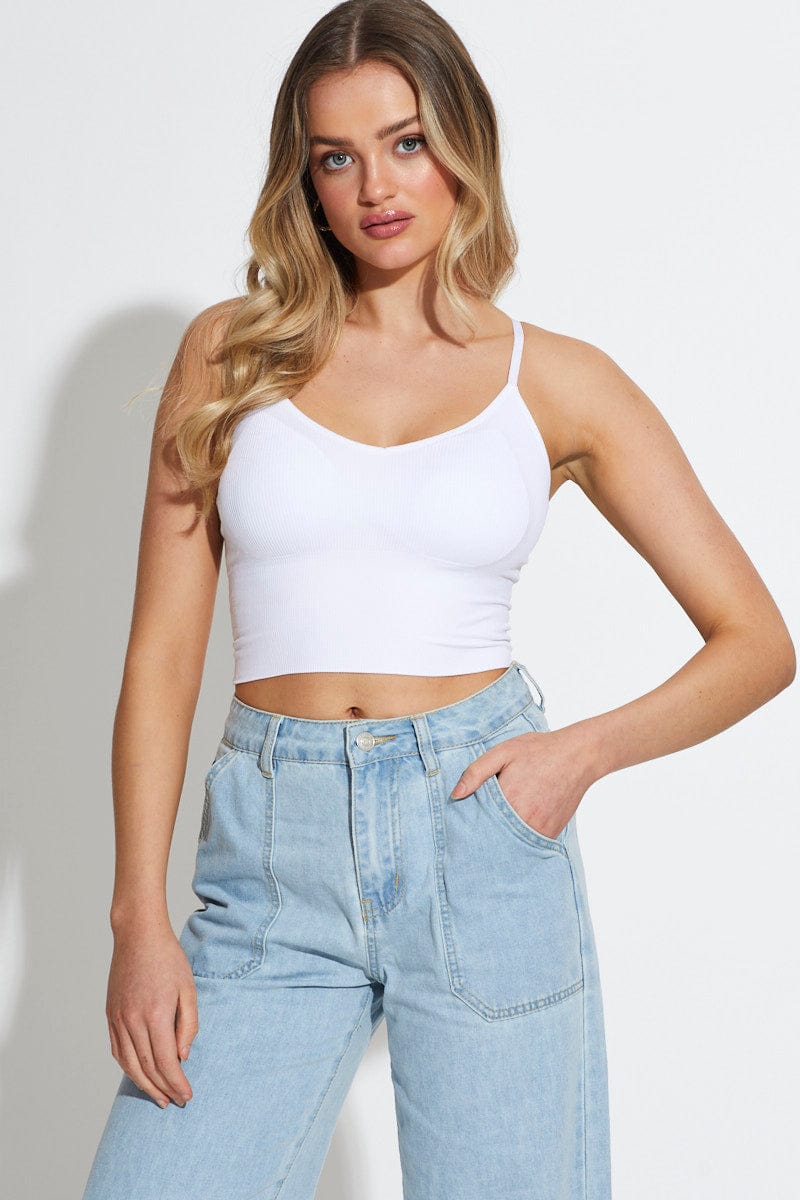 Womens White Seamfree Ribbed Cropped Cami Top