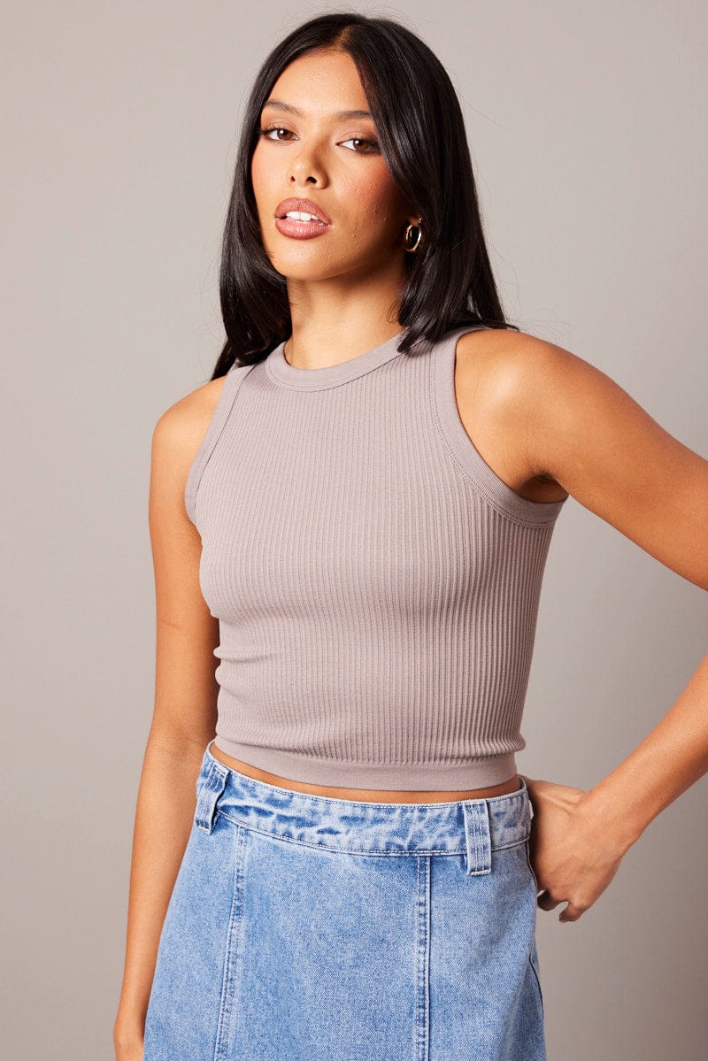 Brown Tank Top Crew Neck Seamless for Ally Fashion