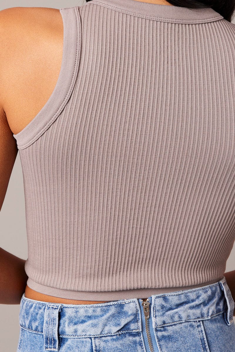 Brown Tank Top Crew Neck Seamless for Ally Fashion