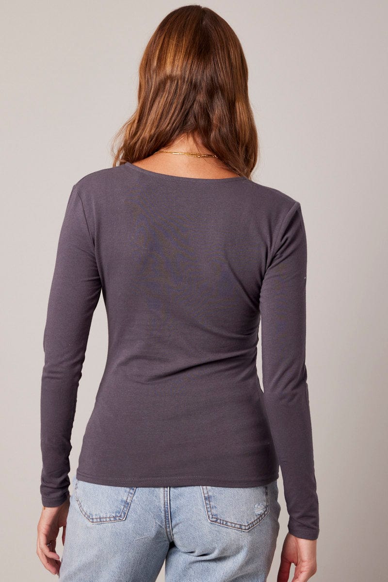Grey Top Long Sleeve Scoop Neck for Ally Fashion