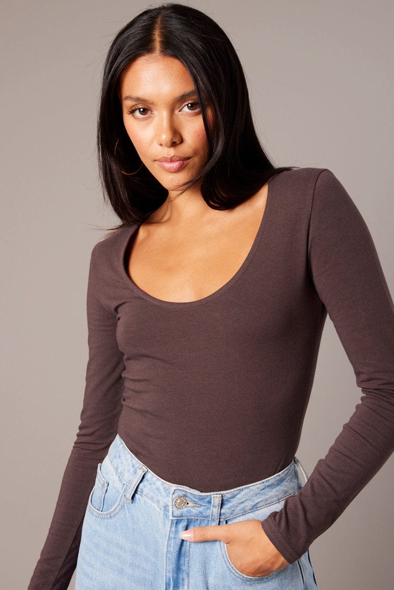 Brown Top Long Sleeve Scoop Neck for Ally Fashion