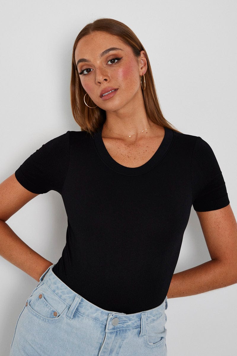 Black Bodysuit Short Sleeve Crew Neck Seamless for Ally Fashion