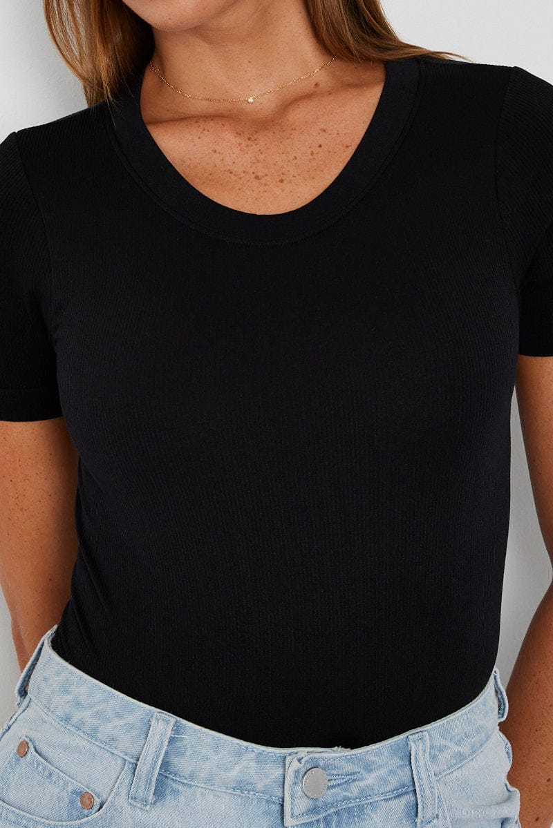 Black Bodysuit Short Sleeve Crew Neck Seamless for Ally Fashion