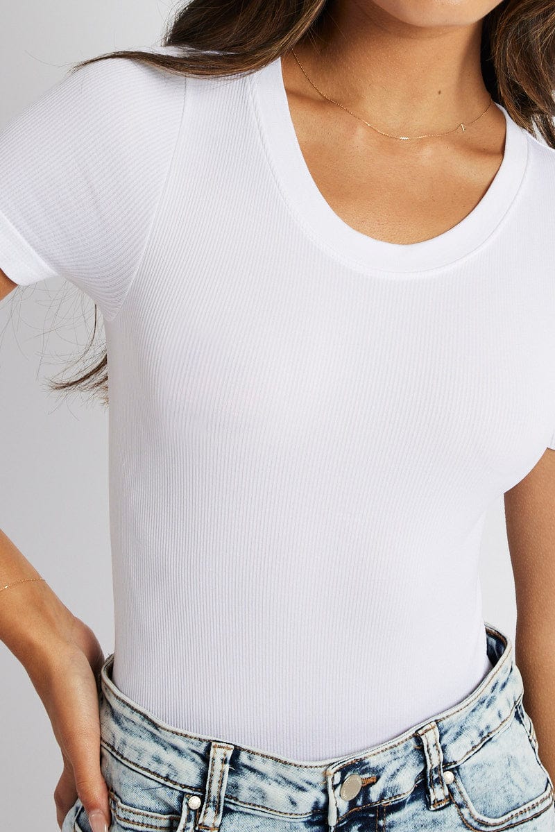 White Bodysuit Short Sleeve Crew Neck Seamless for Ally Fashion
